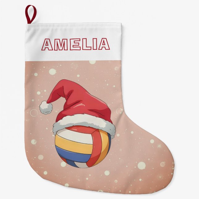 Meia De Natal Grande Volleyball Ball Red Santa Hat Name (Frente)