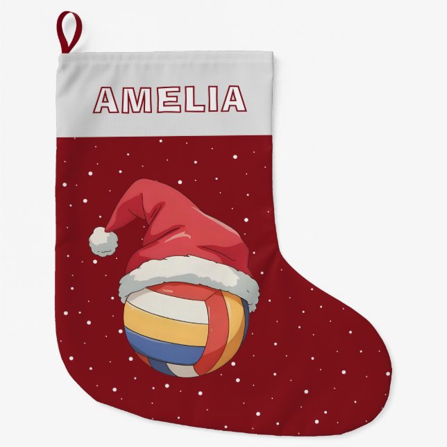 Meia De Natal Grande Volleyball Ball Red Santa Hat Name (Frente)