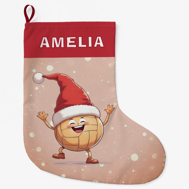 Meia De Natal Grande Volleyball Ball Red Santa Hat Name (Frente)