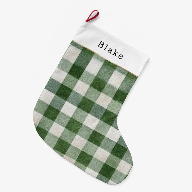 Meia De Natal Grande Warm Cream Green Plaid Stripes Christmas (Frente (Pendurada))