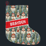 Meia De Natal Grande Watercolor Snowman Natal Personalizado<br><div class="desc">Neve aquarela em lenços vermelhos quentes e chapéus quentes de tricô e um bonito fundo verde,  vermelho e azul de pinheiros personalizaram o estoque de Natal.</div>