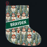 Meia De Natal Grande Watercolor Snowman Natal Personalizado<br><div class="desc">Neve aquarela em lenços vermelhos quentes e chapéus quentes de tricô e um bonito fundo verde,  vermelho e azul de pinheiros personalizaram o estoque de Natal.</div>