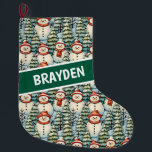 Meia De Natal Grande Watercolor Snowman Natal Personalizado<br><div class="desc">Neve aquarela em lenços vermelhos quentes e chapéus quentes de tricô e um bonito fundo verde,  vermelho e azul de pinheiros personalizaram o estoque de Natal.</div>