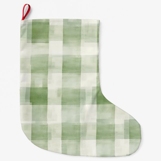 Meia De Natal Grande Western Green Cream Plaid Stripes Country   (Frente)