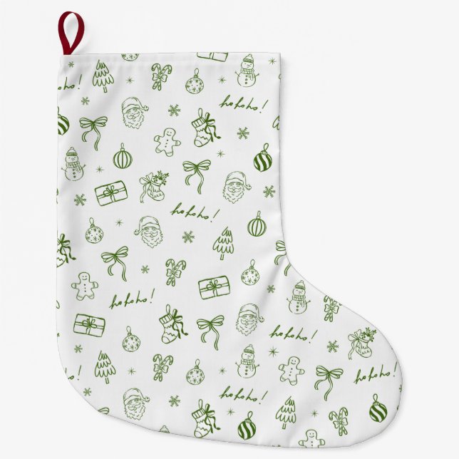 Meia De Natal Grande Whimsical Hand Drawn Doodle Green (Frente)