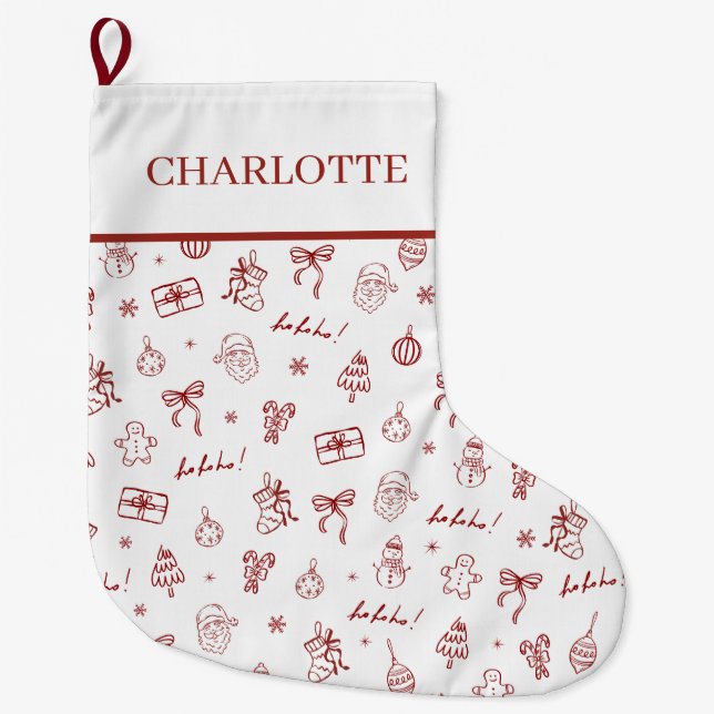 Meia De Natal Grande Whimsical Hand Drawn Doodle Red (Frente)