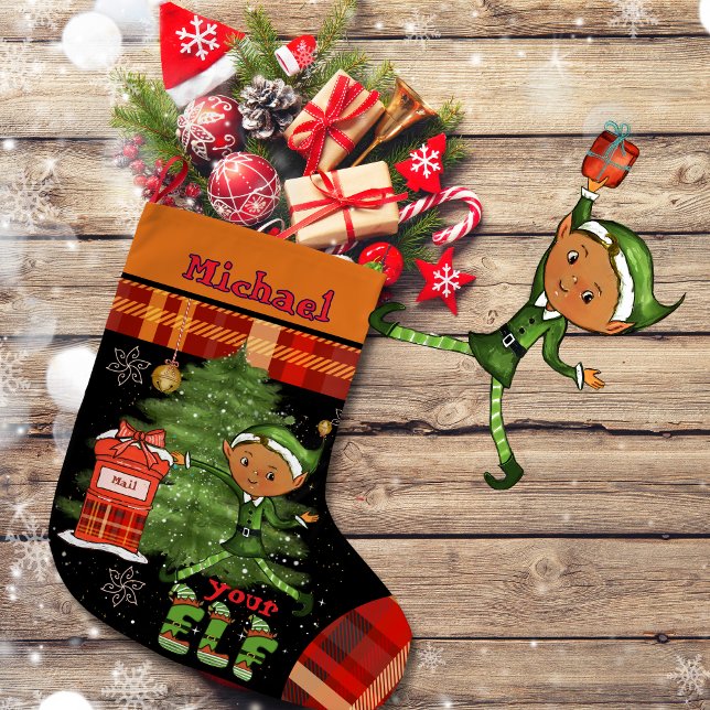 Meia De Natal Grande Whimsical Little Elf Boy Christmas Kids Stocking (Whimsical Little Elf Boy Christmas Kids Stocking)