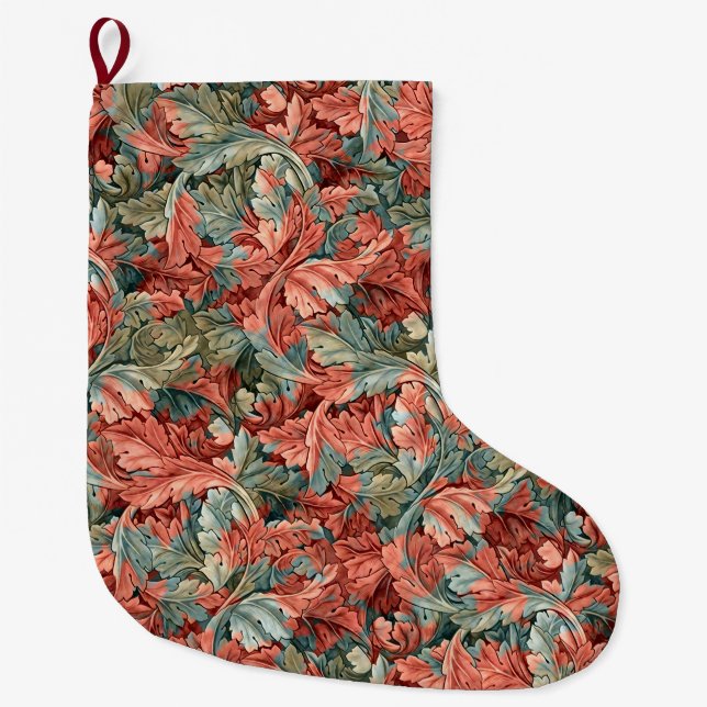 Meia De Natal Grande William Morris Acanthus Botanical Red Green (Frente)