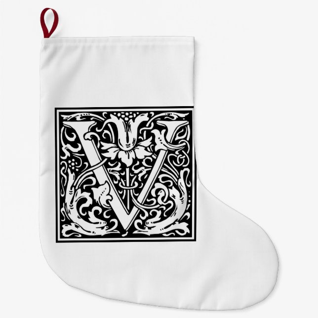 Meia De Natal Grande William Morris Alphabet "V" (Frente)