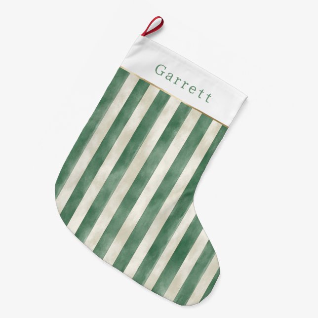 Meia De Natal Grande Winter Green Cream Stripes Christmas (Frente (Pendurada))