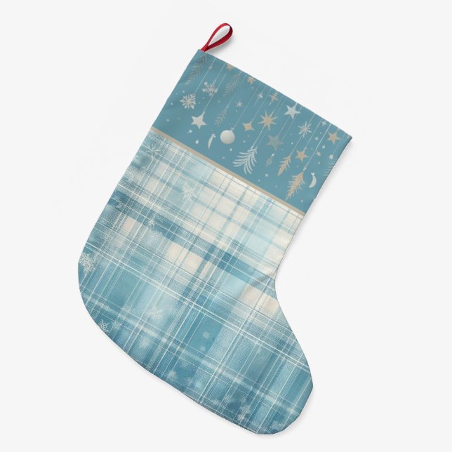 Meia De Natal Grande Xadrez azul (Frente (Pendurada))