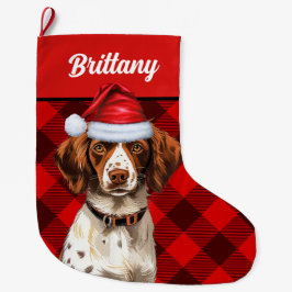 Meia De Natal Grande Xadrez Brittany Spaniel Red Buffalo Personalizada