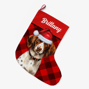 Meia De Natal Grande Xadrez Brittany Spaniel Red Buffalo Personalizada