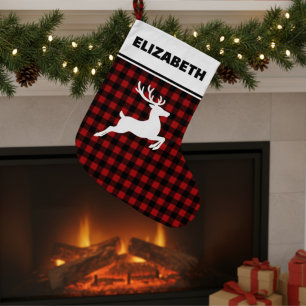 Meia De Natal Grande Xadrez de Búfalos Vermelho e Preto com Personaliza