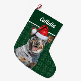 Meia De Natal Grande Xadrez de Férias Verdes no Cão Azul Personalizada
