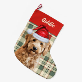Meia De Natal Grande Xadrez de Goldendoodle Feriado com Nome de Cão