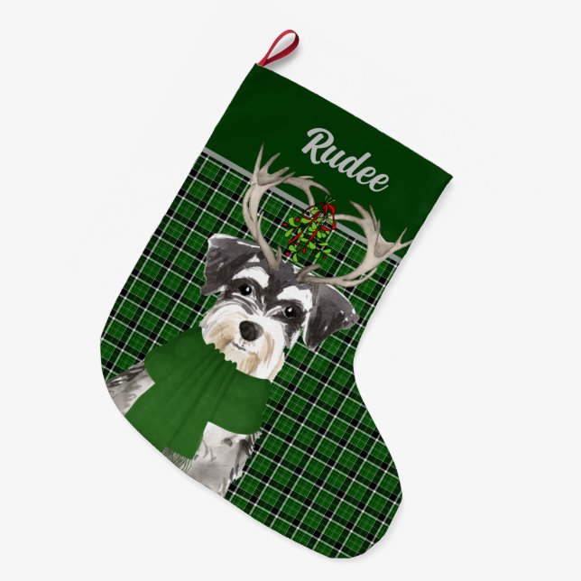 Meia De Natal Grande Xadrez de Holiday Miniature Schnauzer com Nome de  (Frente (Pendurada))