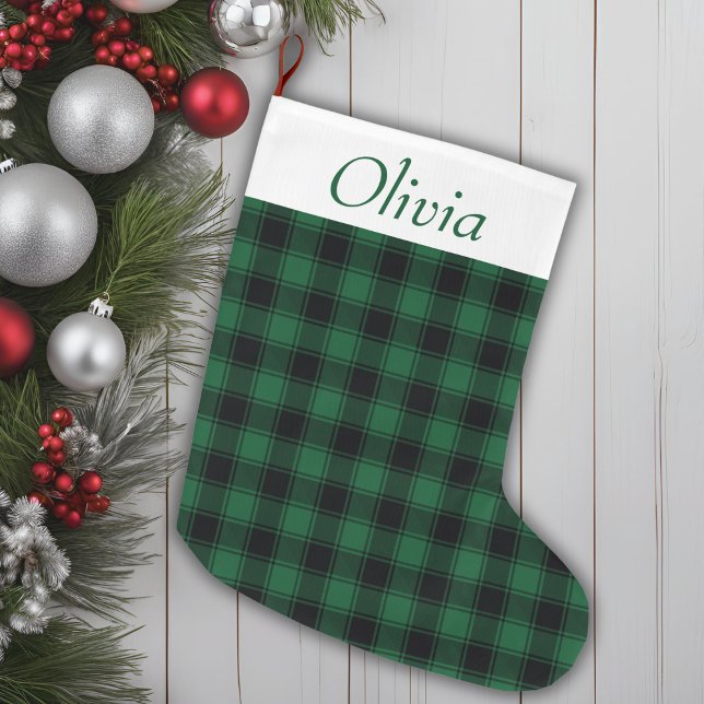 Meia De Natal Grande Xadrez de Tartan Preto e Verde Festivo (Festive Green and Black Buffalo Tartan Plaid Large Christmas Stocking)