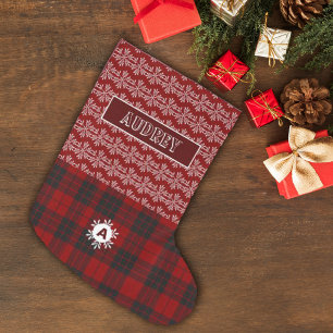 Meia De Natal Grande Xadrez Escocês Vermelho Floco de Neve Monograma Fo