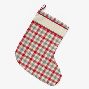Meia De Natal Grande Xadrez estilo fazenda vermelho e cinza