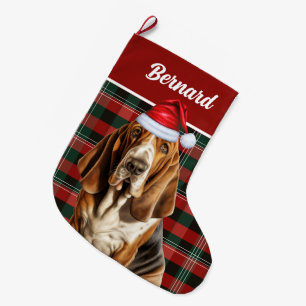 Meia De Natal Grande Xadrez festiva de Holiday Basset com nome de cão