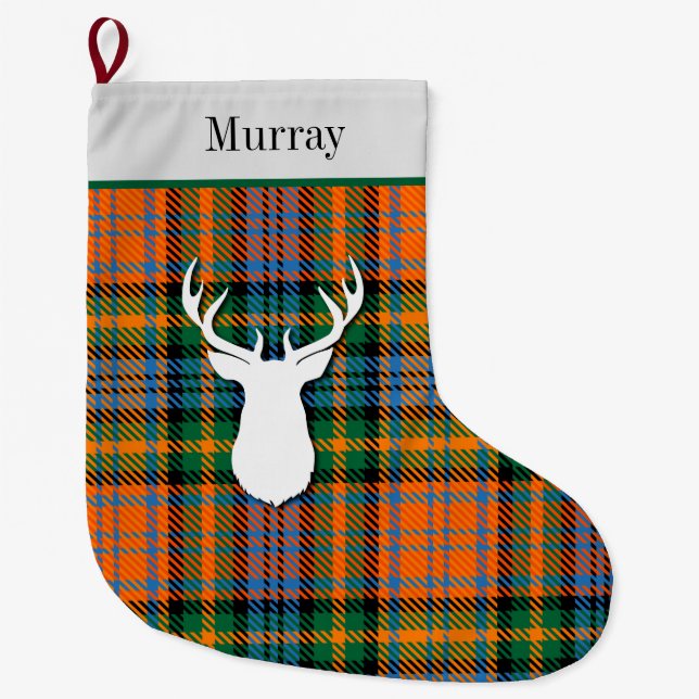 Meia De Natal Grande Xadrez Laranja Verde Muray Tartan Personalizada (Frente)