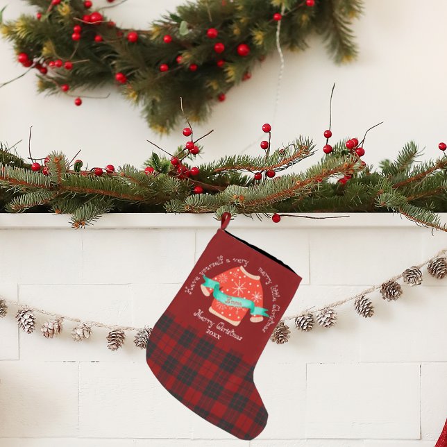 Meia De Natal Grande Xadrez Negra Vermelha Doce Suado Feliz Natal (Red Black Plaid Ugly Sweater Cute Merry Christmas Large Christmas Stocking)