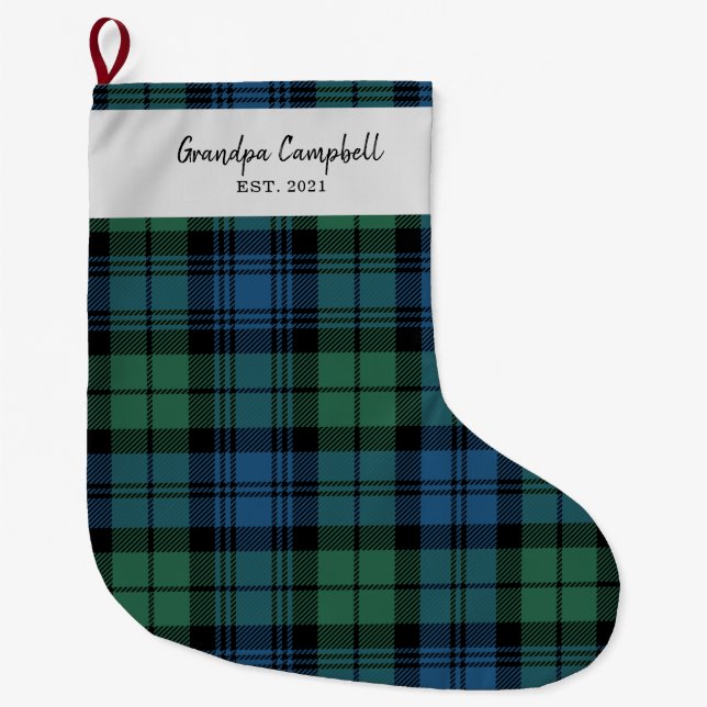 Meia De Natal Grande Xadrez personalizada Tartan Clan Campbell Avô (Frente)