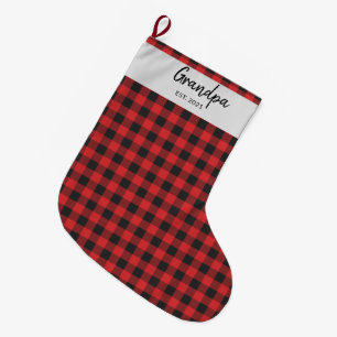 Meia De Natal Grande Xadrez Personalizado Preto Vermelho Búfalo Nome
