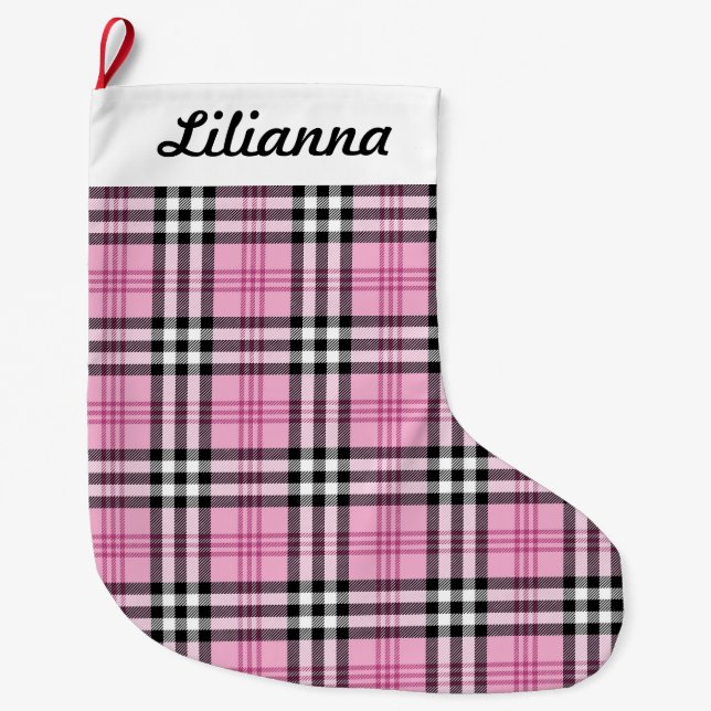 Meia De Natal Grande Xadrez rosa personalizada (Frente)