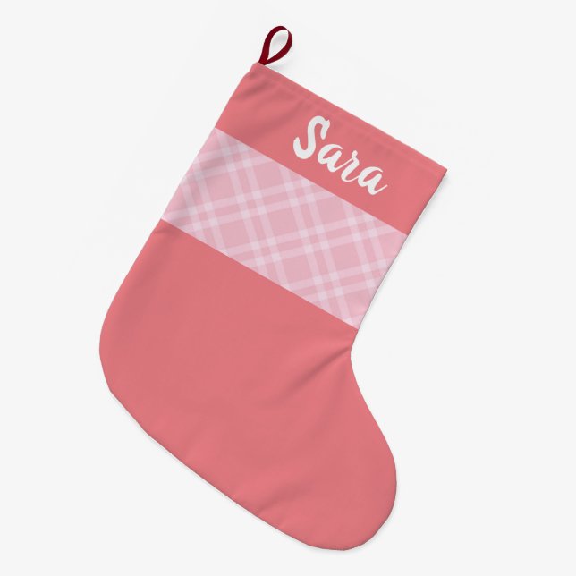 Meia De Natal Grande Xadrez Rosa Russo Personalizada (Frente (Pendurada))