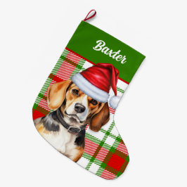 Meia De Natal Grande Xadrez Verde Vermelho Feriado com Nome de Cão