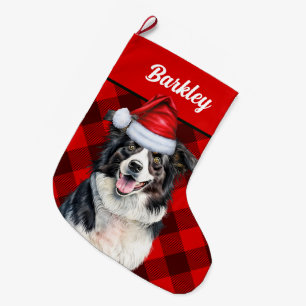 Meia De Natal Grande Xadrez Vermelha de Collie Buffalo com o Nome do Cã