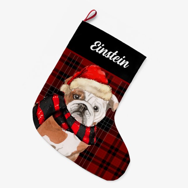 Meia De Natal Grande Xadrez Vermelha e um Bulldog Inglês com Nome de Cã (Frente (Pendurada))