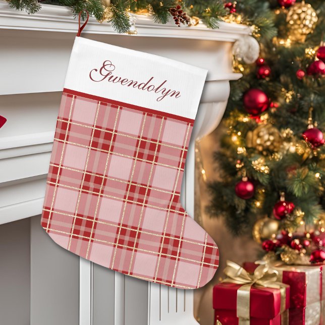 Meia De Natal Grande Xadrez Vermelha Elegante (Elegant Red Plaid Large Christmas Stocking)