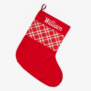 Meia De Natal Grande Xadrez Vermelha Rústica Nome personalizado