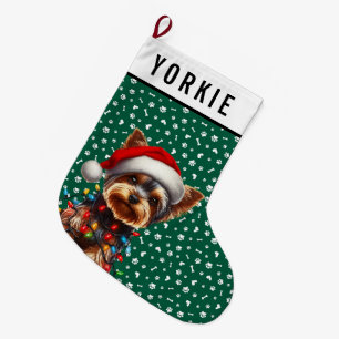 Meia De Natal Grande Yorkie Fofo Com Chapéu de Papai Noel e Luzes de Na