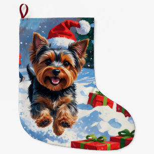Meia De Natal Grande Yorkshire Terrier em neve com chapéu de Natal
