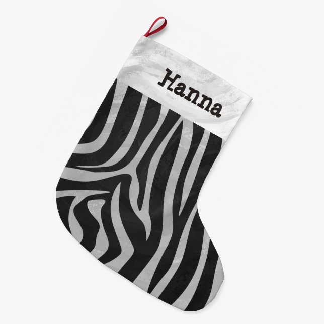 Meia De Natal Grande Zebra Black and Light Cinza com nome (Frente (Pendurada))