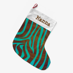 Meia De Natal Grande Zebra Brown e Teal com Monograma