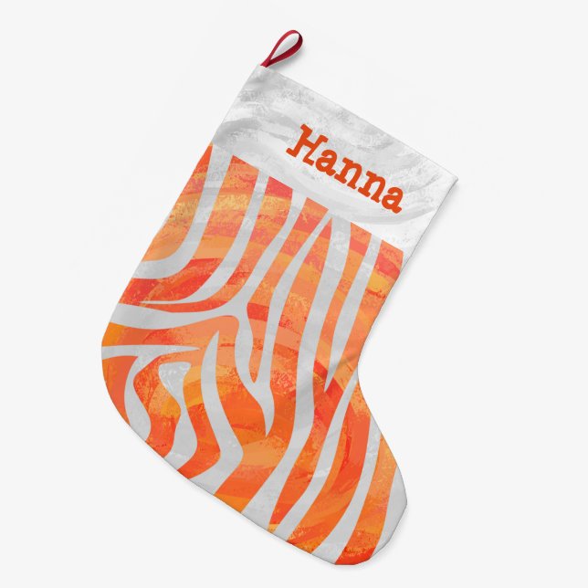 Meia De Natal Grande Zebra Laranja e Branco e Nome (Frente (Pendurada))