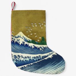 Meia De Natal Pequena A Grande Onda (Arte Japonesa Azul e Dourada, Hokus