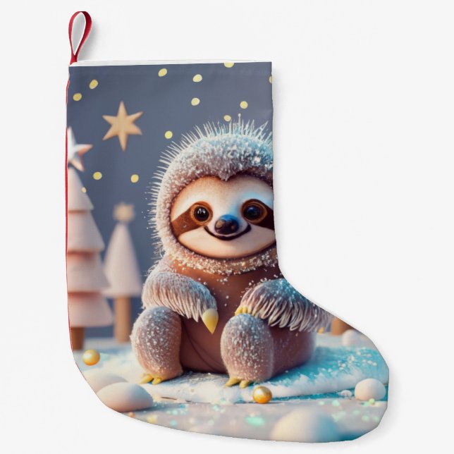 Meia De Natal Pequena A Terra das Maravilhas de inverno de Snowy Sloth (Frente)
