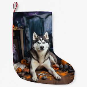 Meia De Natal Pequena Abóboras Cão Siberiano Husky Dia das Bruxas Assust