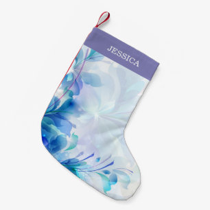 Meia De Natal Pequena Abstrato Floral Em Azul Púrpura E Branco