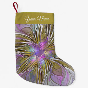 Meia De Natal Pequena Abstrato Fractal, cor-de-rosa e nome Dourado, cor-