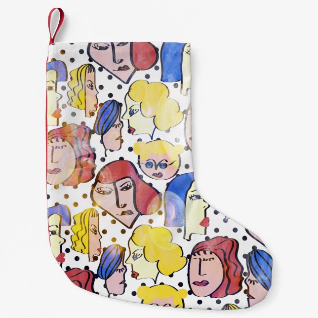 Meia De Natal Pequena Abstrato mulher rostos, bolinhas de aquarela. (Frente)