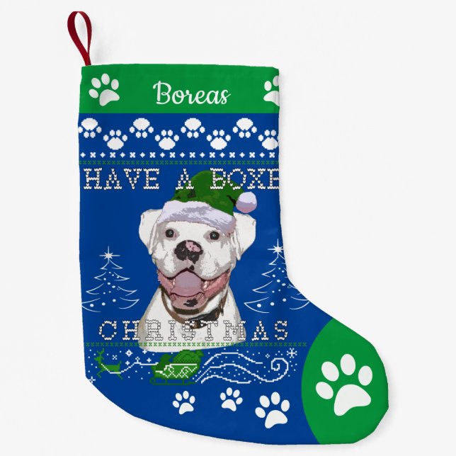 Meia De Natal Pequena Adicionar Nome White Boxer Dog Natal  (Frente)