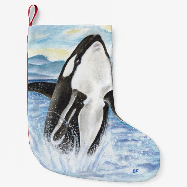 Meia De Natal Pequena Aguarela que rompe a baleia da orca (Frente)