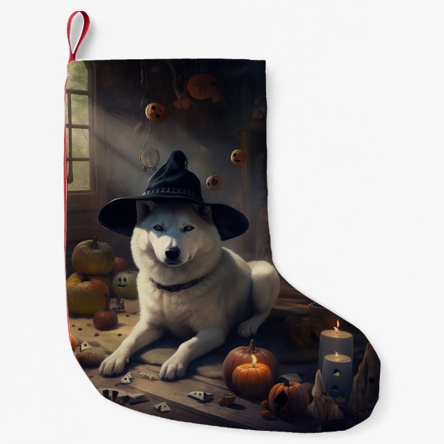 Meia De Natal Pequena Akita Pumpkins Halloween Scary (Frente)